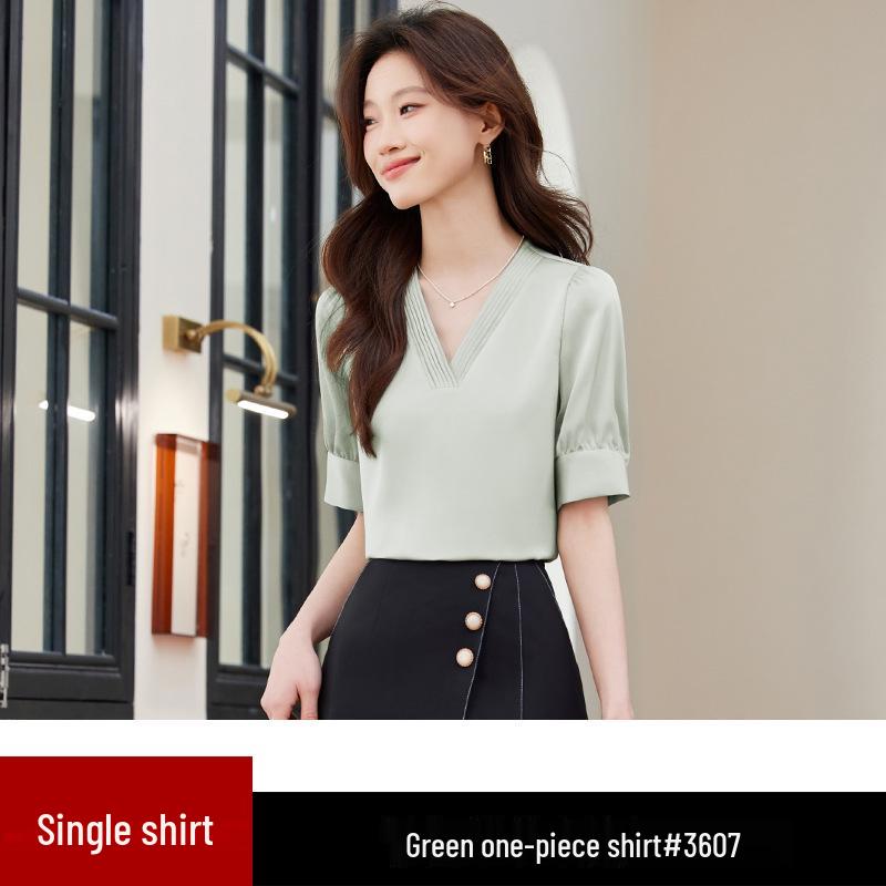 

Elegant Women s White V-Neck Shirt - High-End Summer 2025 Professional Commute Top XXXL