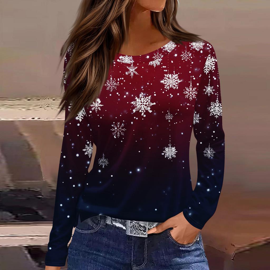 Women's Fashion Casual Slit Hem Round Neck Long Sleeve Loose Christmas Printed T-Shirt Ladies Top