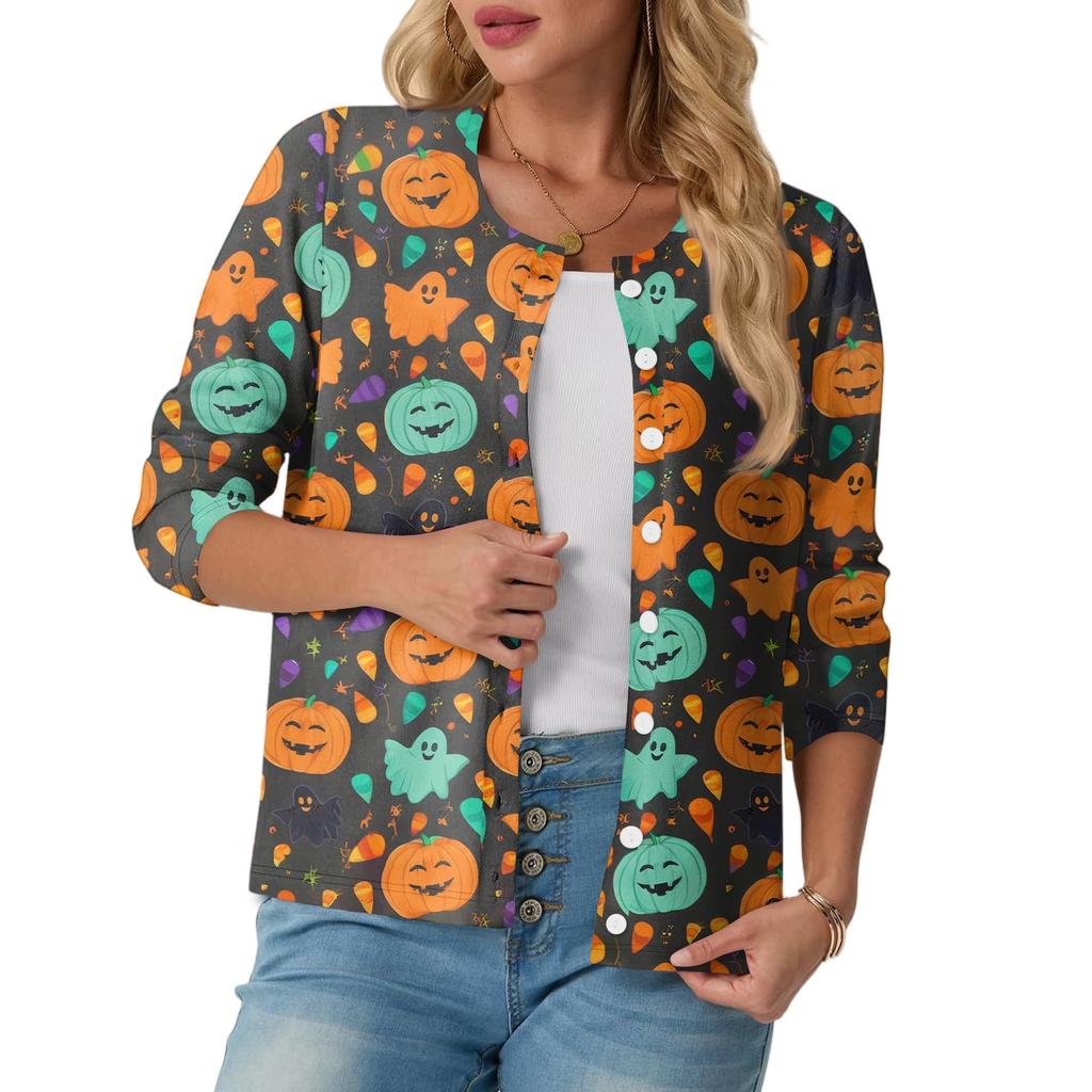 Women's Fashionable, Casual, Comfortable Halloween Print Cardigan Jacket