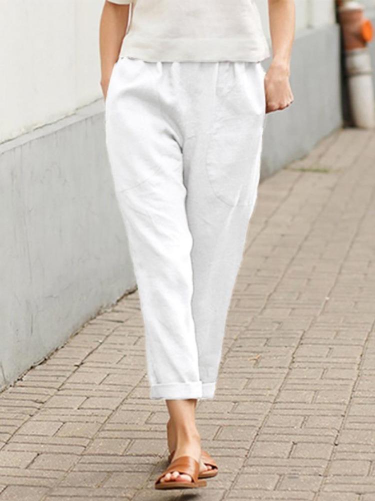 Women Summer Loose Long Pants Comfortable Cotton Linen Trousers Ladies Solid Color Double Pocket Casual Wear