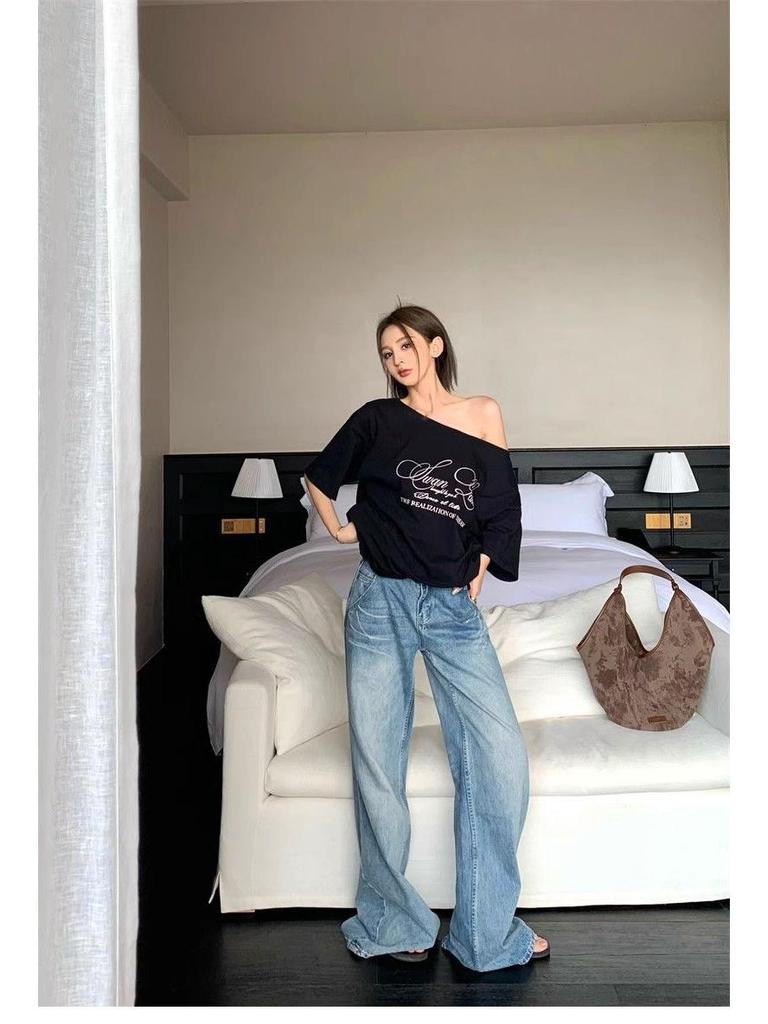 Women's Retro American Letter Print Off-Shoulder T-Shirt – Short Sleeves, Casual Loose Fit, Summer Style