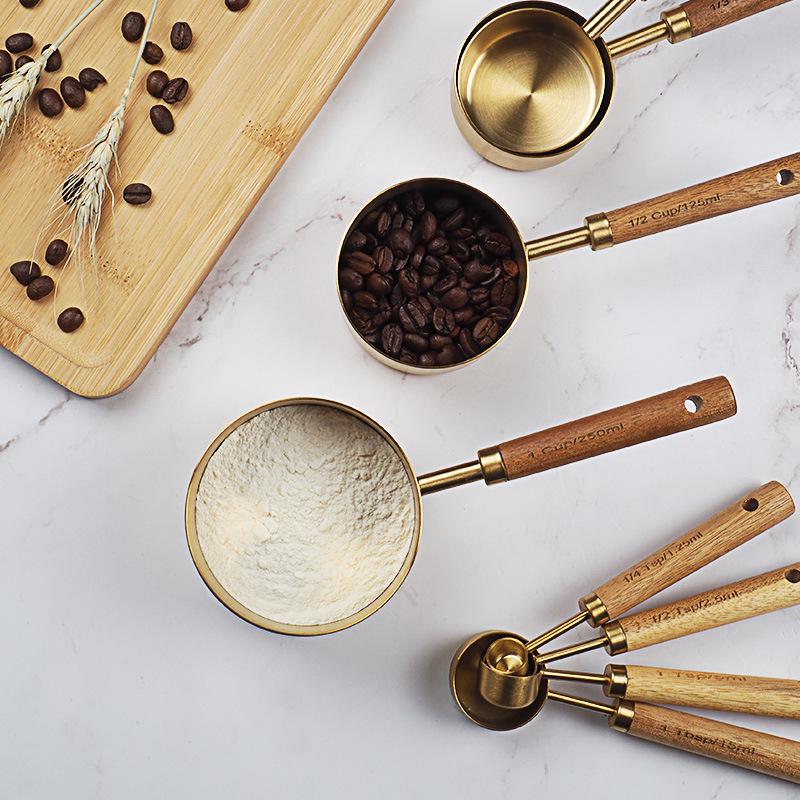Acacia Wood Handle Stainless Steel Measuring Cups & Spoons Set - 8-Piece for Baking & Bartending