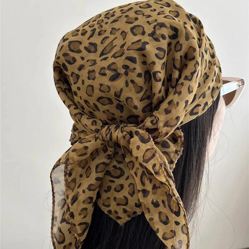 Retro Leopard Print Square Scarf for Women Satin Thin Edge Scarves Head Band Fashion Y2K Lady Hair Shawl Wrap Female Neckerchief