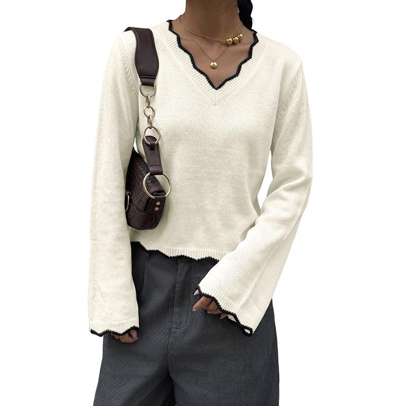 2026 Fall/Winter Color Block V-Neck Knit Sweater - Casual Wave Edge Short Wool Top