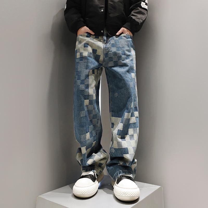 Primavera Nuovo Stile Jeans Uomo Jacquard Larghi a Gamba Larga a Mosaico a Scacchi