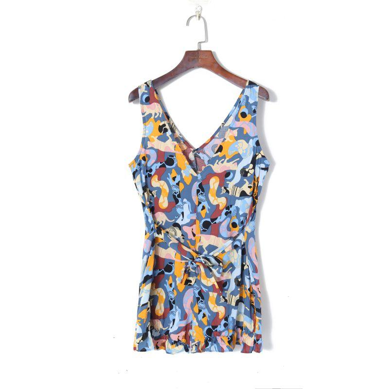 

Ретро Принтованный Комбинезон с V-образным Вырезом, Высокой Талией, Приталенный, Универсальный Blue Gray XS