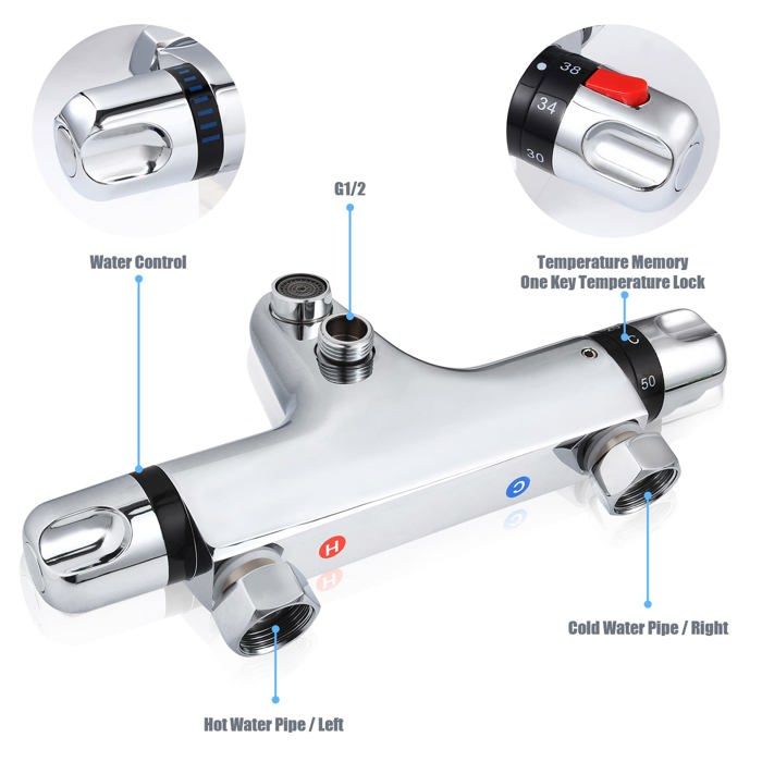 Robinet thermostatique - uten - al-829n - cuivre chromé - température réglable - protection brûlures