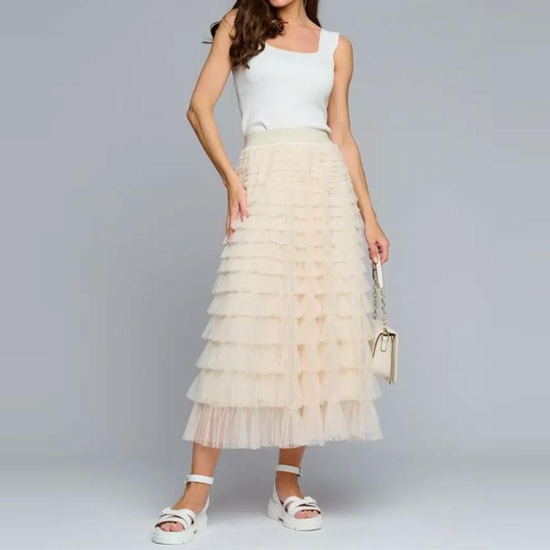 

Эластичная талия Сетчатые длинные юбки для женщин Элегантные винтажные с высокой талией Пышная юбка из тюля Юбка-торт Женская одежда one size абрикосовый