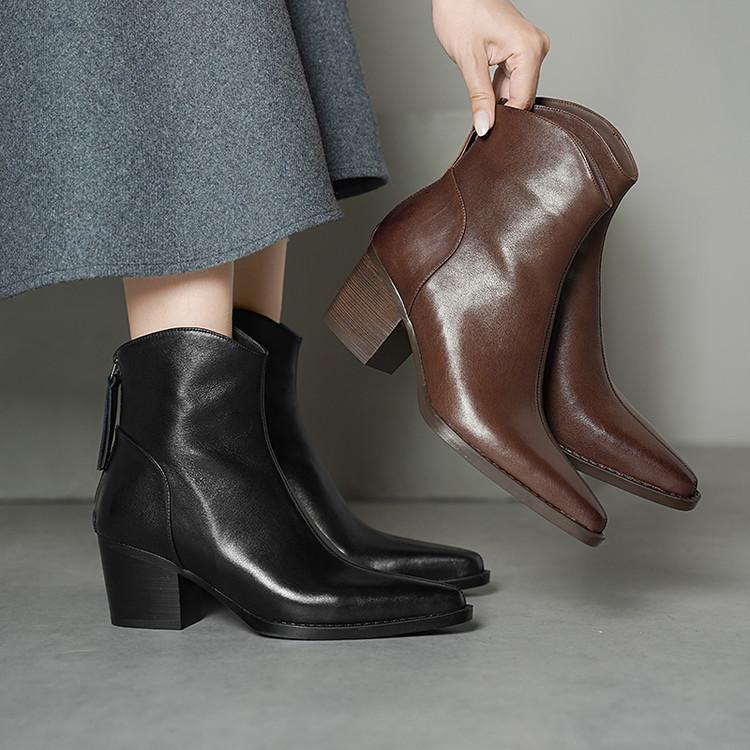 Premium pointed thick heel short boots women's 2025 autumn and winter velvet leather high heel short boots side zipper Chelsea boots