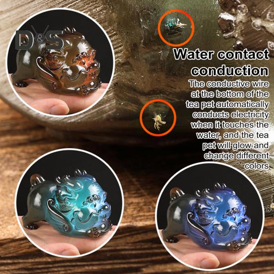 Color Changing Tea Pet Pixiu Resin Lucky Statue Kung Fu Tea Tray Decor Light Up Feng Shui Ornament Home Office Desk Gift