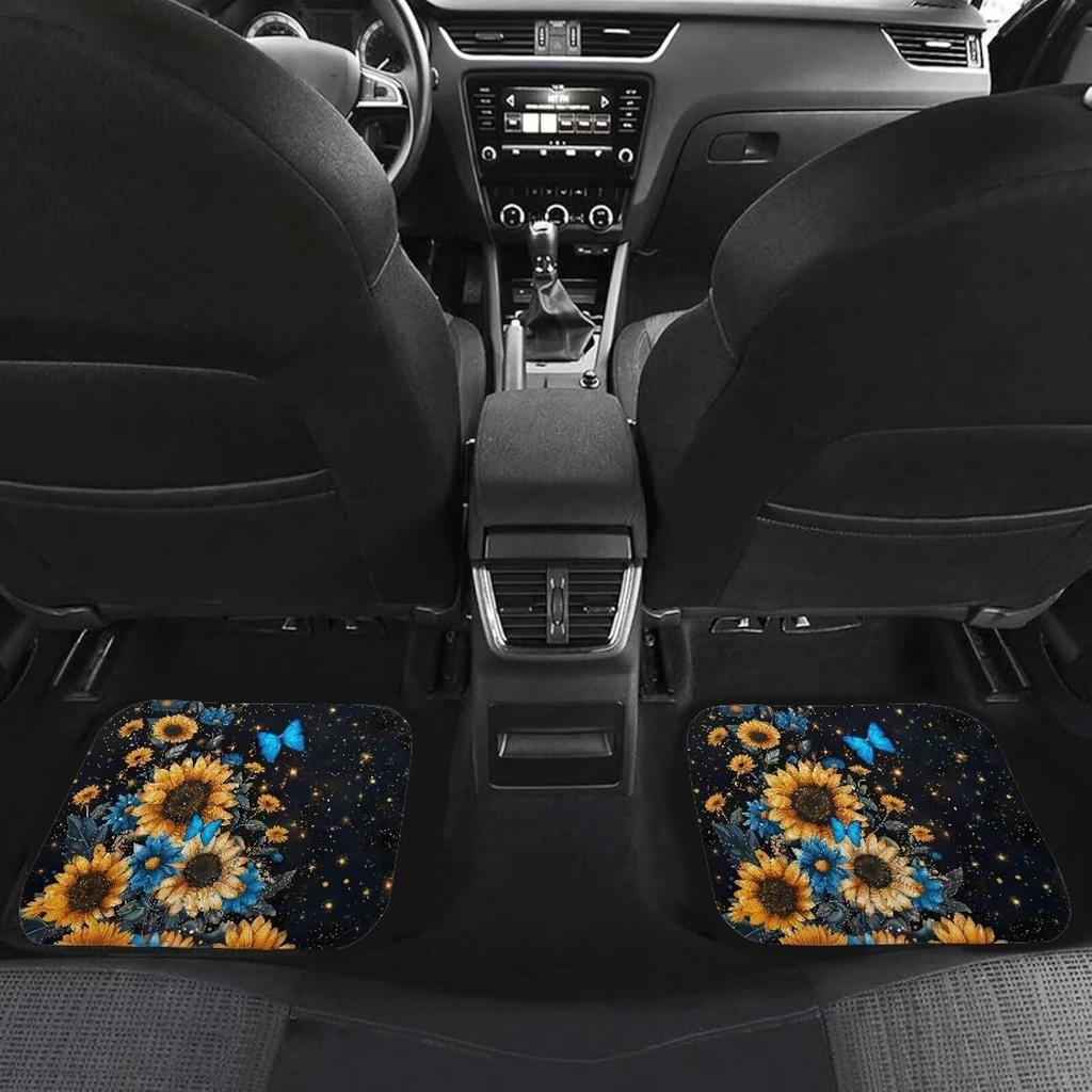 Sunflower with Butterfly Universal Car Floor Mats Set,4 Pack All Weather Car Floor Carpets Protector Rugs for Women Driver Gift
