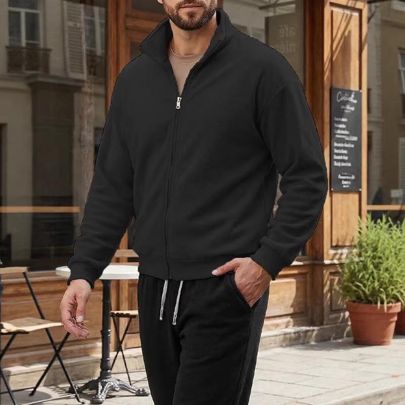 Men's Solid Color Stand Collar Zipper Hoodie Jacket - Outdoor Casual Streetwear