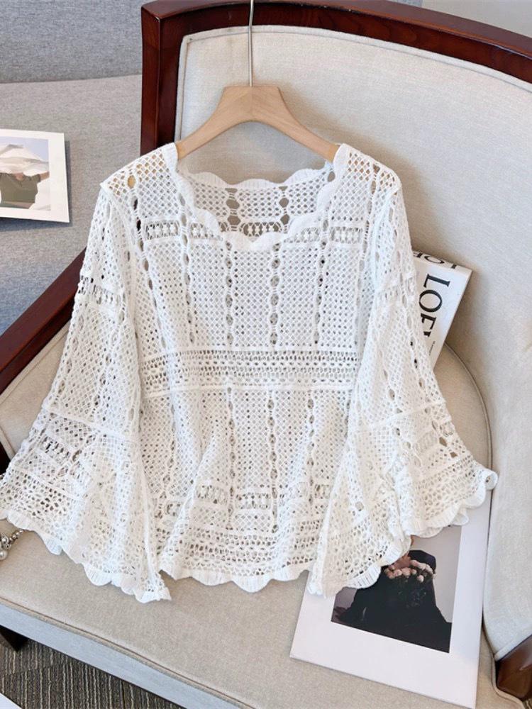 

Early Autumn Women s French Cutout Knit Bell Sleeve Cardigan - Lazy, Loose Fit with Sun Protection білий