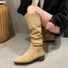 2025 summer and autumn new knight boots women's retro suede thick heel pointed high boots brown pleated pile boots