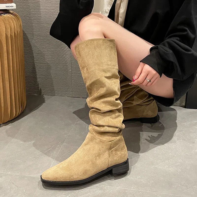 2025 summer and autumn new knight boots women's retro suede thick heel pointed high boots brown pleated pile boots