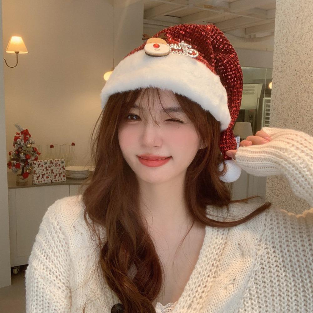 Merry Christmas Decoration Santa Claus Hat Bow Red Plush Hat All-match Christmas Sequin Hat  Adults