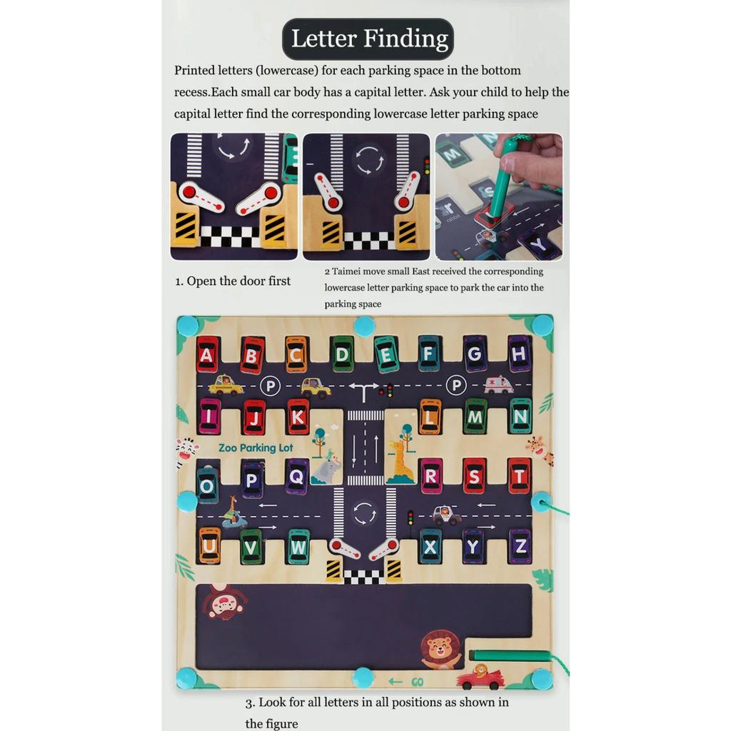 Children Magnetic English Letters Find Car Parking  Maze Learning Education Toys Color Matching Montessori Toys Wooden Toys
