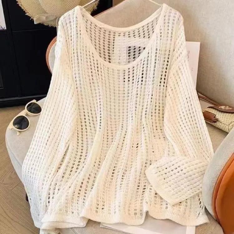 Female Summer Knit Hollow Loose Sunscreen Coverup Unique Round Neck Long Sleeve Pullover Top