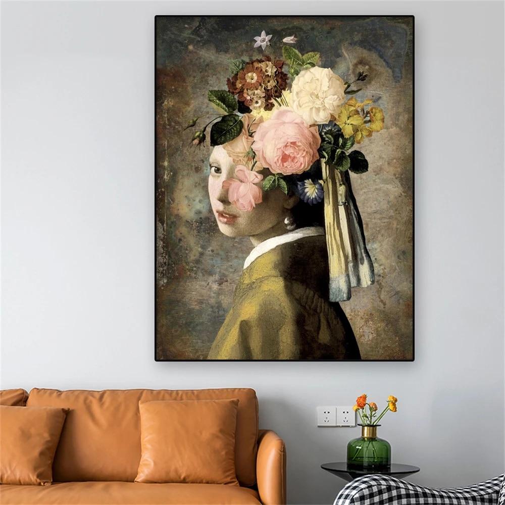 Vintage Poster Het Meisje Met De Parel Prints Flower Head Canvas Painting Hoom Bedroom Decoration Girls Room Wall Art Gift
