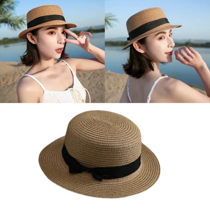 Elegant Straw Hat With Bows Detail Comfortable Women's Straw Garden Headwear For Bridal Party Church Occasion