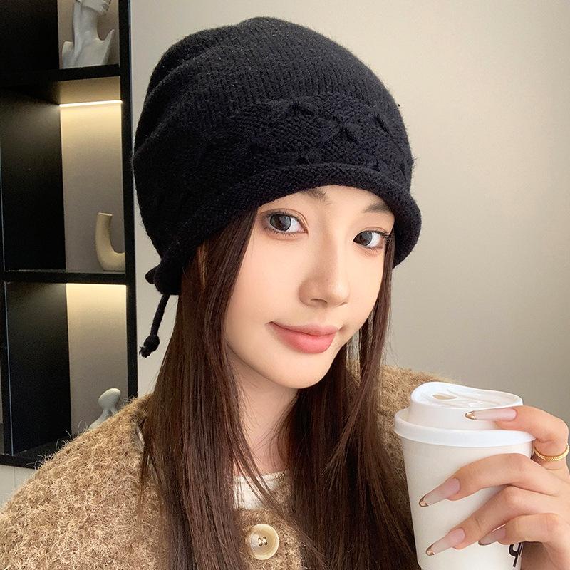 Pile Hats Women's Autumn and Winter Versatile Warm Hemming Knitted Cold Hats Big Head Circumference Showing Face Small Wool Hats