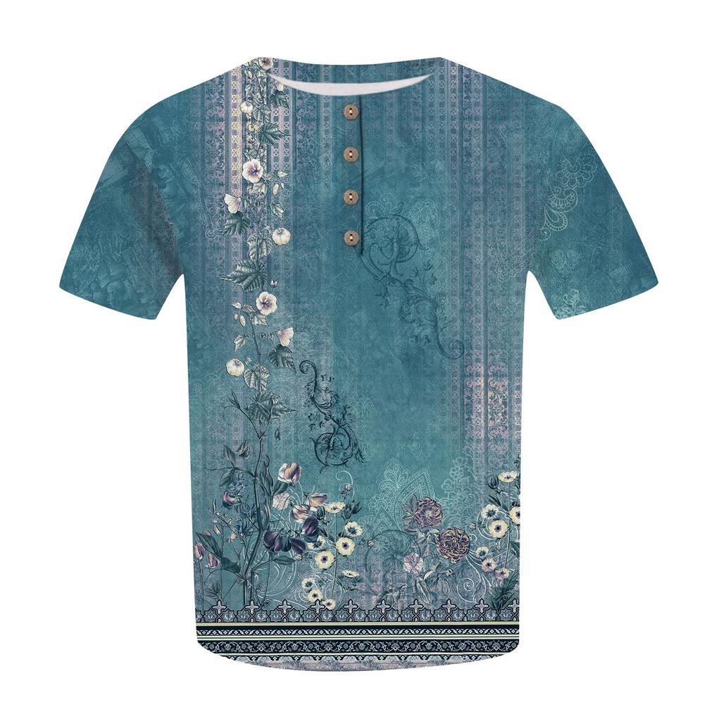 Women's Short Sleeve Shirt Button Plus Size T-Shirt Flower Printed Casual Tops