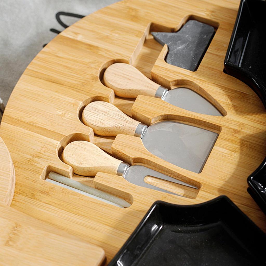 Bamboo Cheese Board Platter and Knife Set Serving Tray for Wine Server black