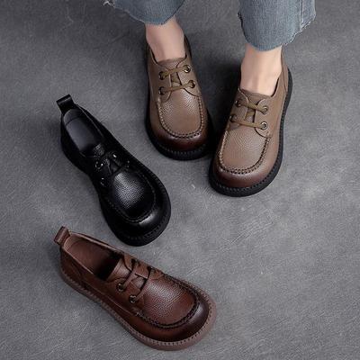 Scarpe da donna in vera pelle, retrò, con punta rotonda, allacciate, casual, versatili, suola morbida e traspirante