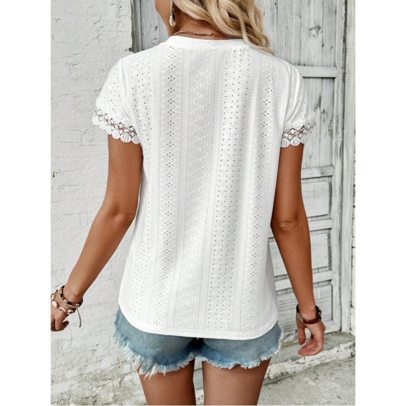 New Spring and Summer Women's V-neck Lace Splicing Loose Casual Hollow T-shirt