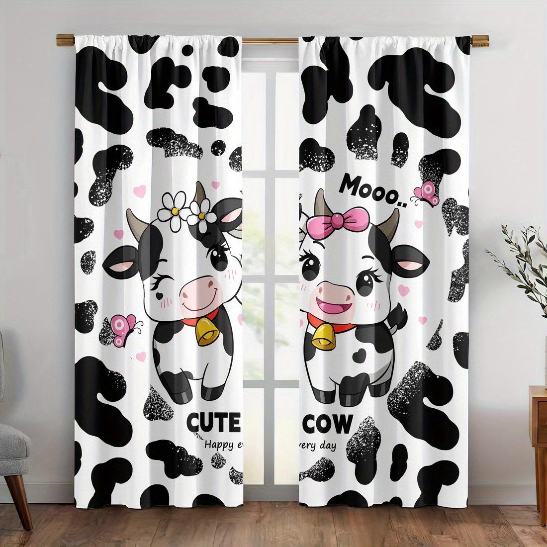 

Cute Cow Print Curtains Polyester Fabric Suitable Bedroom Living Room Decoration Curtain Machine Washable Ideal For Area W100*H70(CM)-Rod Pocket&2PCS