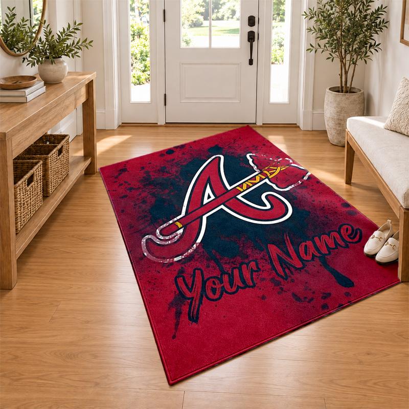 Atlanta Braves Custom Name Personalized Rug Non‑Slip Doormat Floor Carpet Housewarming Birthday Gift for Family Friends
