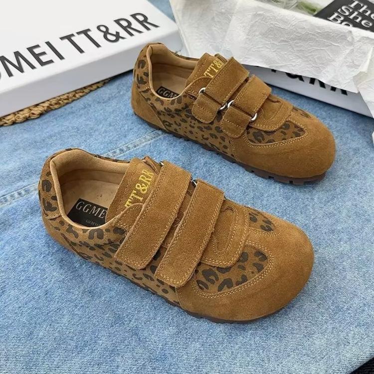 Leopard print German training shoes women's big head retro single shoes 2025 spring new Velcro matte leather casual board shoes