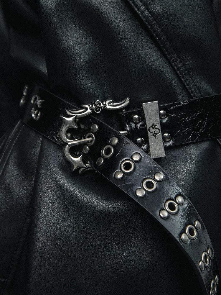 Dark Spicy Girl Punk Rock Rivet Denim Leather Belt with Double Row Design
