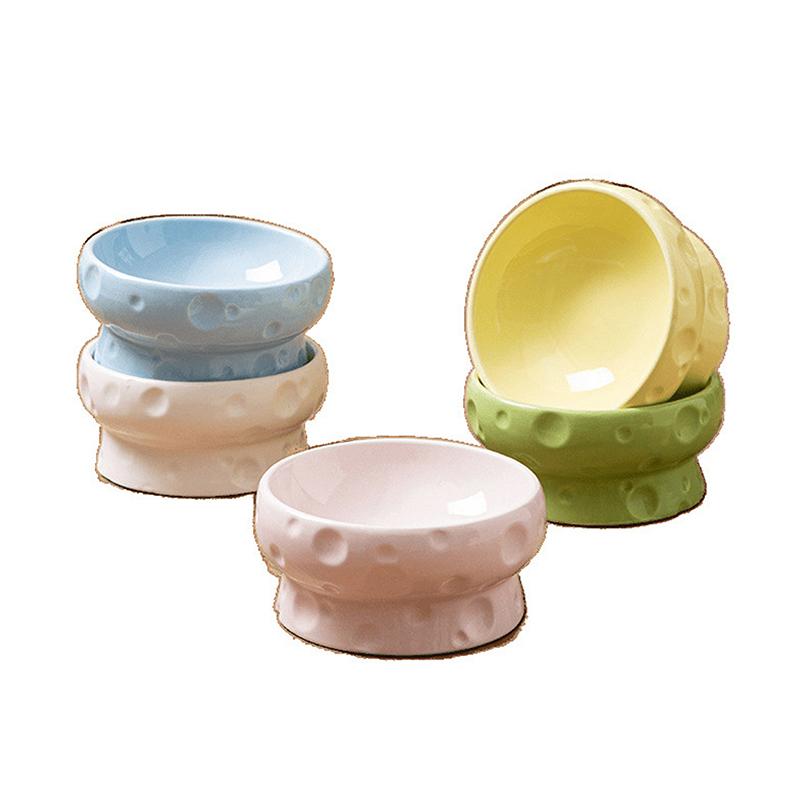 Ceramics Cat Bowl With Cheese Design Cat Food Bowl Water Plate Snack Dish Large Caliber Anti-Tip With Stand For Neck Protection