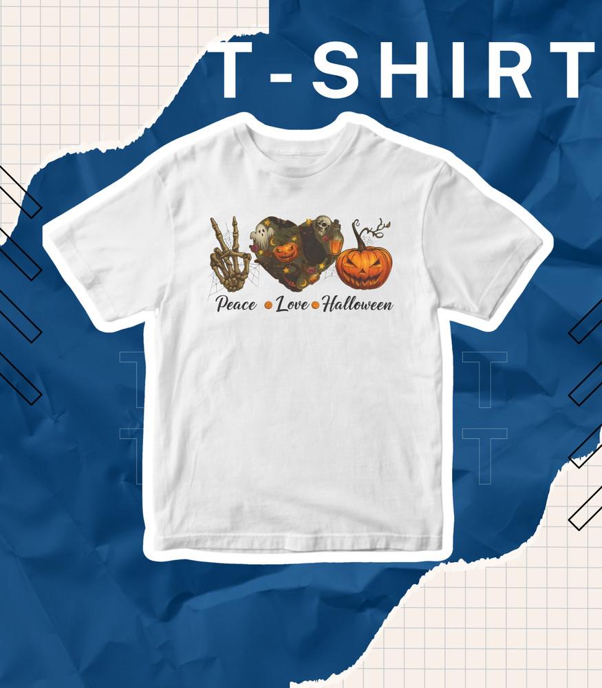 

Peace Love Halloween Shirt | Skeleton Pumpkin Spooky Season Graphic Hallo. 2XL