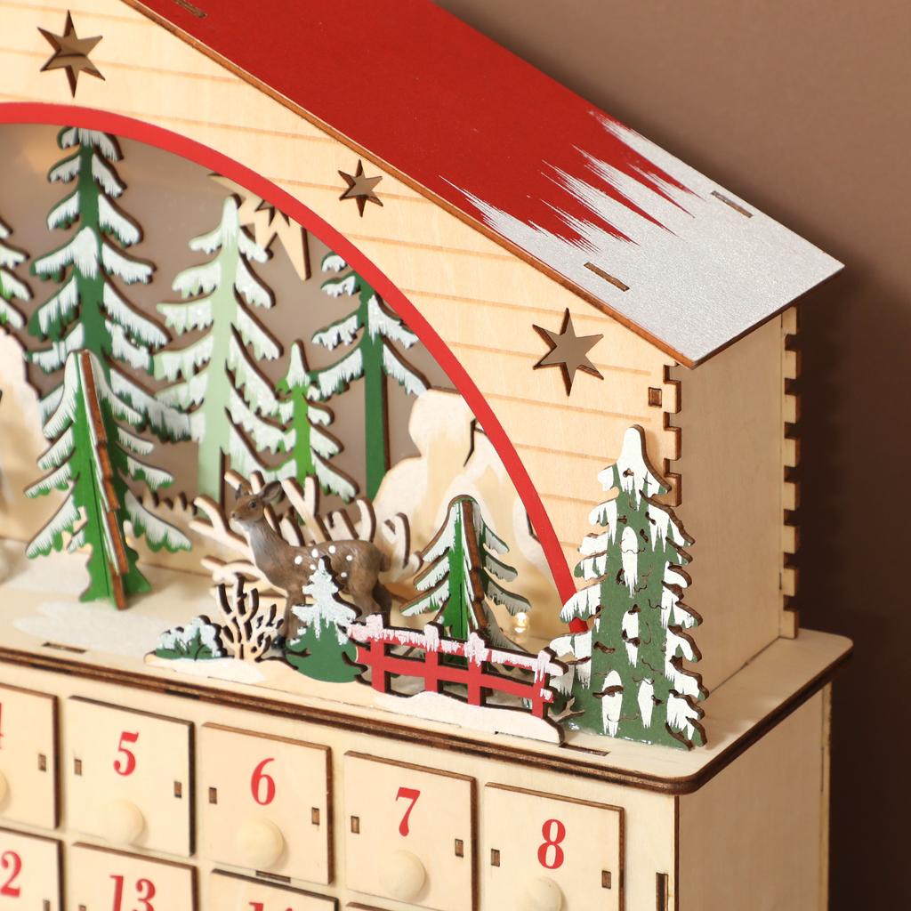 Light-up Advent Calendar, Fillable Advent Calendar, 24 Drawers, Village Scene, 36x10x34cm, Natural Wood