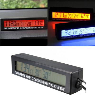 12V LCD Auto In/Out Temperatur Thermometer Spannung Digitaler Wecker Praktisch