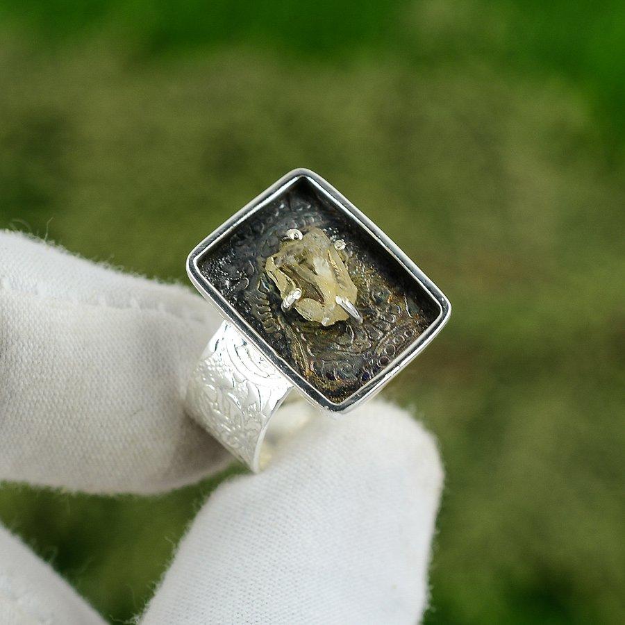 Gift For Her Natural Citrine Rough Statement Adjustable Ring 925 Silver Adjustable