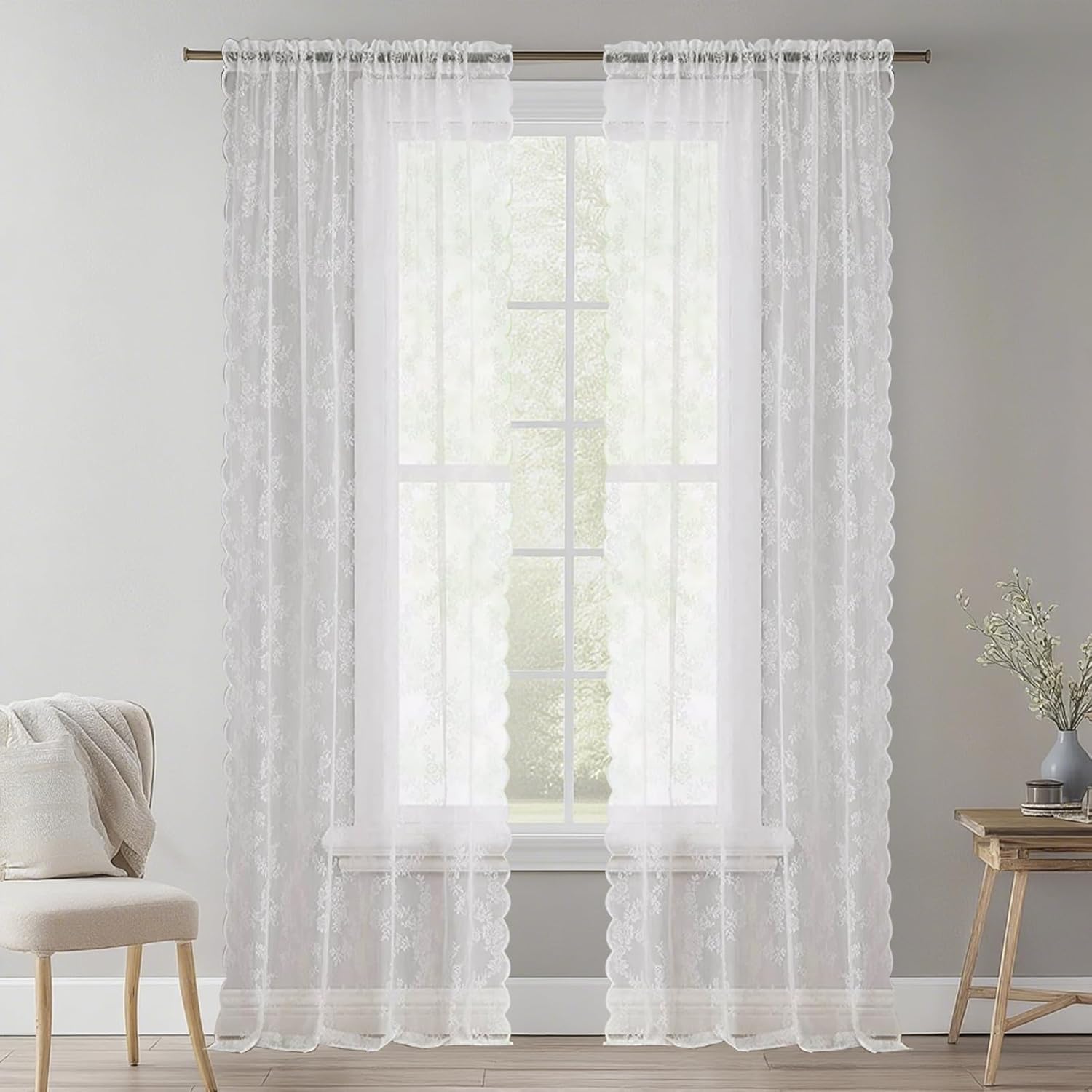 

Vintage Lace Sheer Curtain Romantic Floral Sheer Semi Window Drapes for Living Room 2 Panels Rod Pocket Shades Curtain 70x120CM&Rod Pocket белый