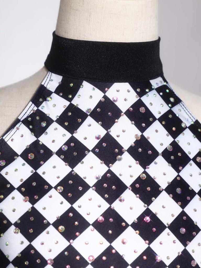 Girls Clown Costume Sparkly Rhinestones Jumpsuit Halter Sleeveless Plaid Pattern Ruffled Trim Bodysuit