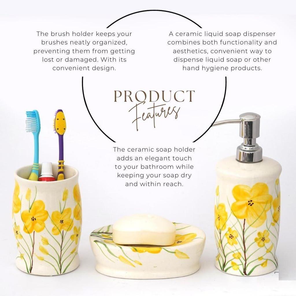 Prémiová keramická koupelnová sada 3 kusů | Moderní ručně malovaná koupelnová sada s 300ml dávkovačem mýdla, držákem na zubní kartáčky a mýdlenkou |