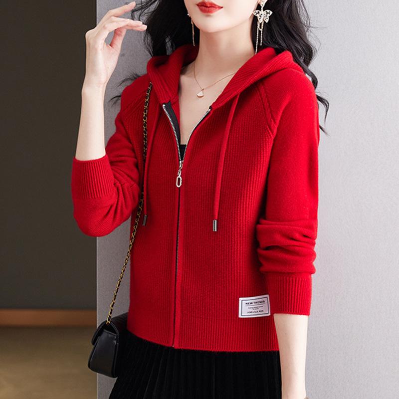 New Hooded Zipper Casual Style Knitted Cardigan Women's Short Spring and Autumn Outerwear Hoodie Sweater Solid Color Coat