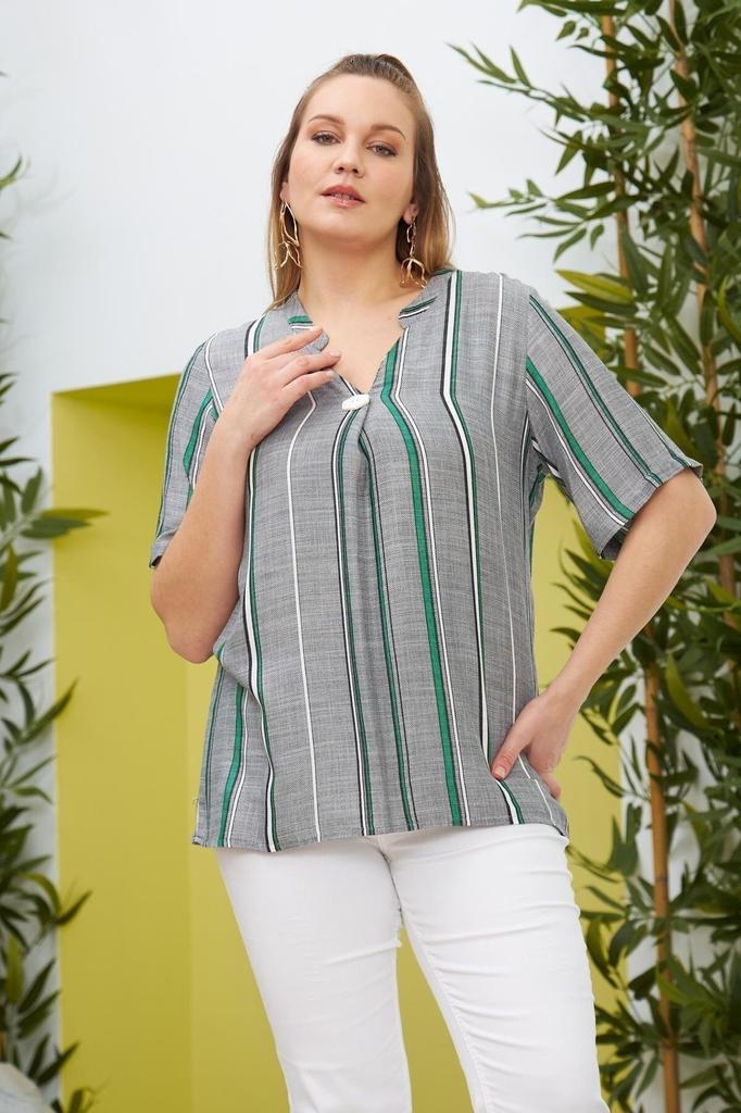 Damen Übergröße Bluse Plus Size Gestreifte Bluse mit Kragen Knopfdetail