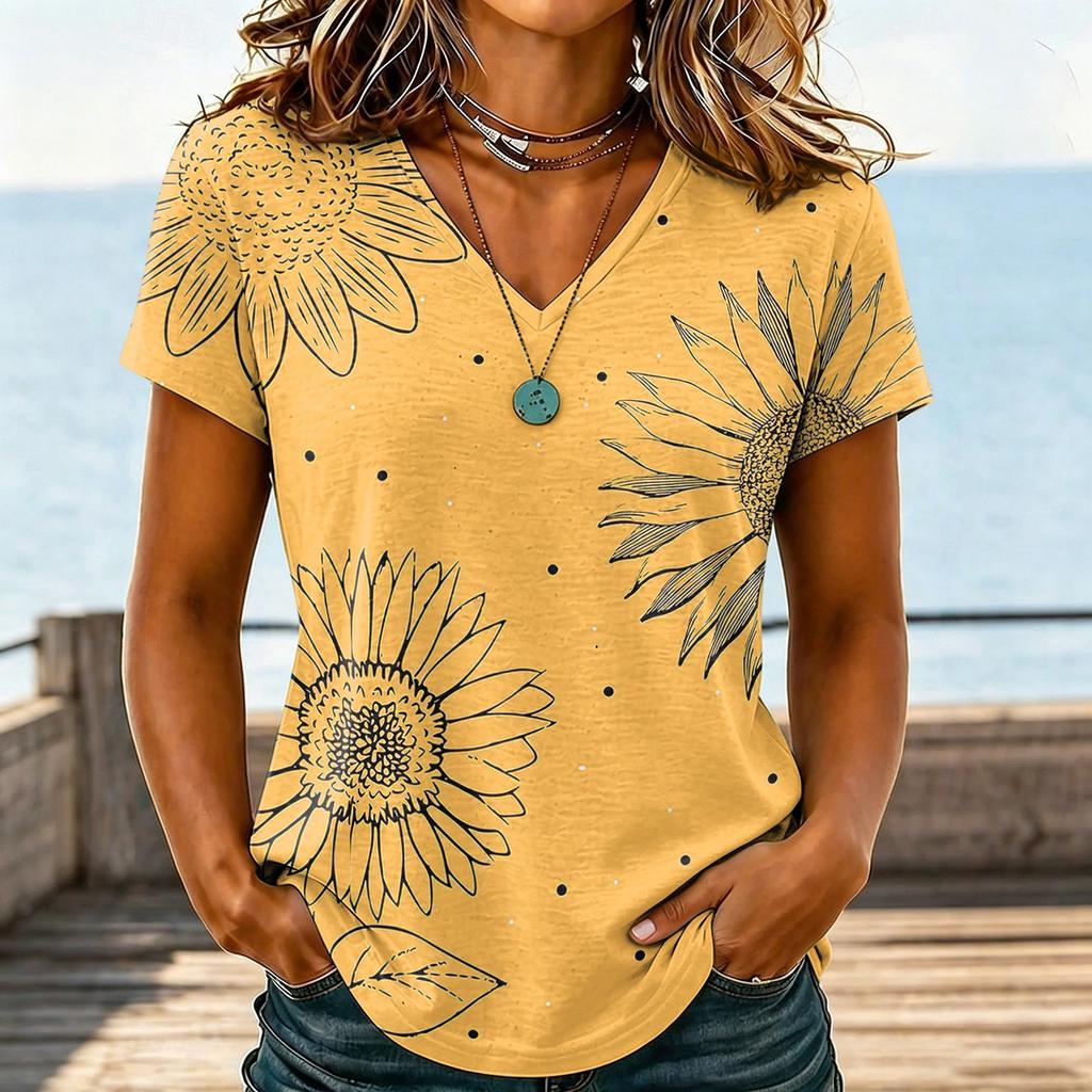 Damen Casual V-Ausschnitt Blumenprint Kurzarm T-Shirt Leichter Weicher Stoff Lockere Passform Oberteil für den Alltag