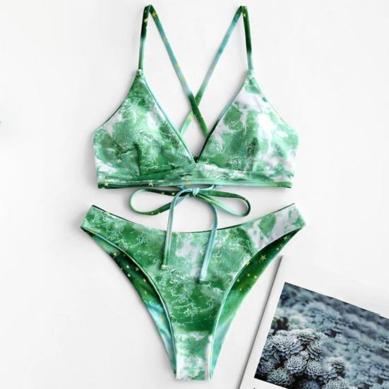 2Pcs/Set Gradient Bikini Set Wire Free Star Print Tie Belt Bathing Suit for Beach