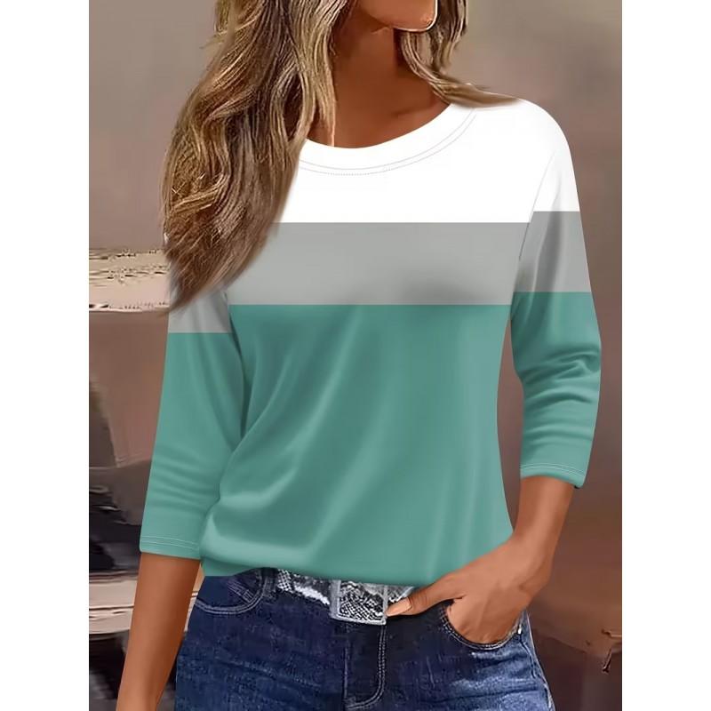 Color Block Striped Crew Neck Long Sleeve T-Shirt Slim Fit Casual Top Daily Wear