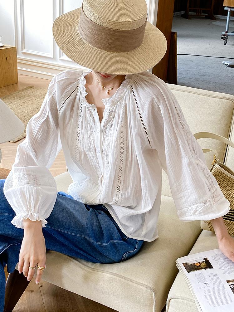 Autumn French Design Women's White Cotton Long Sleeve Shirt - Holiday Style Cardigan