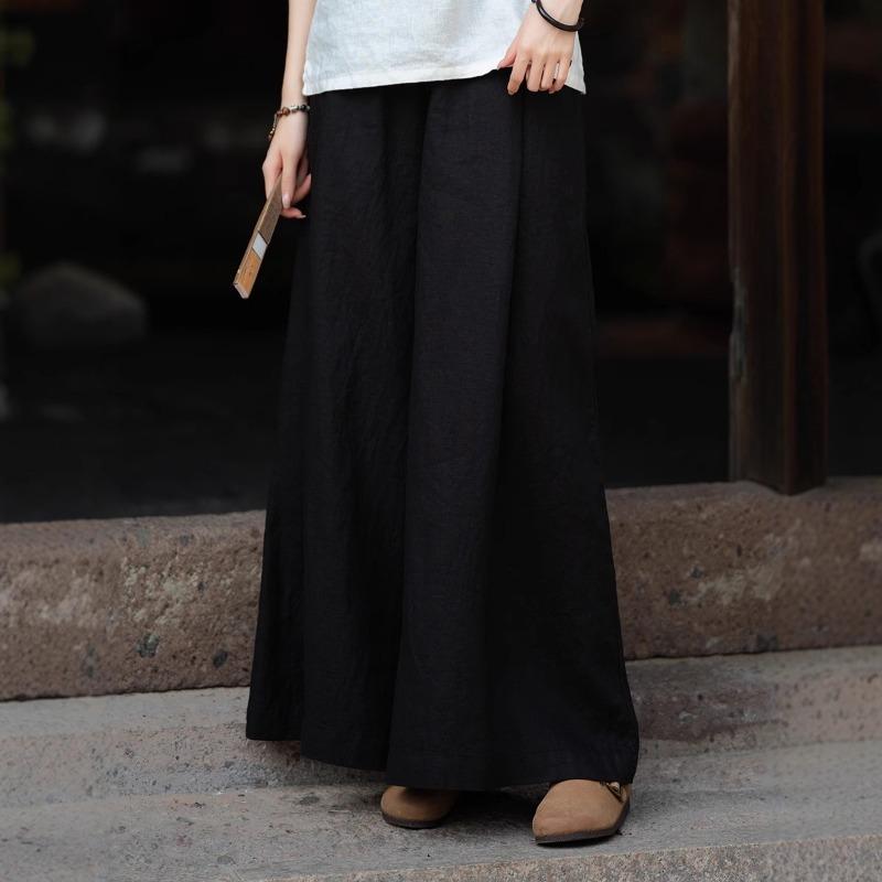 Women's Linen Blend Wide Leg Palazzo Pants Elastic Waist Casual Trousers