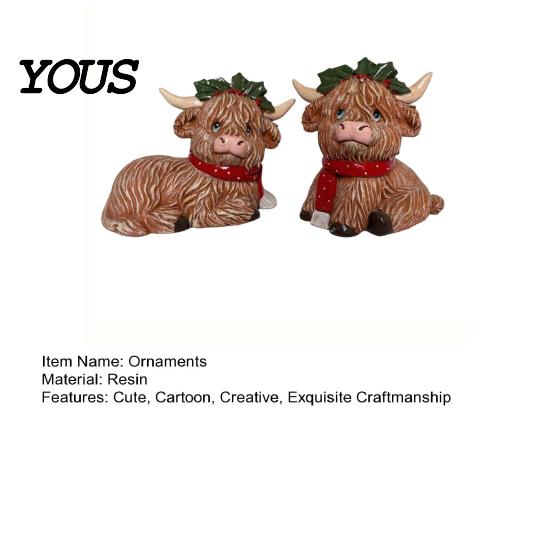 Winter Window Sill Accents 2Pcs Christmas Highland Cow Figurine, Resin Yak Statue with Red Gift for Lovers Scarf, Cute Animal Desktop Ornaments