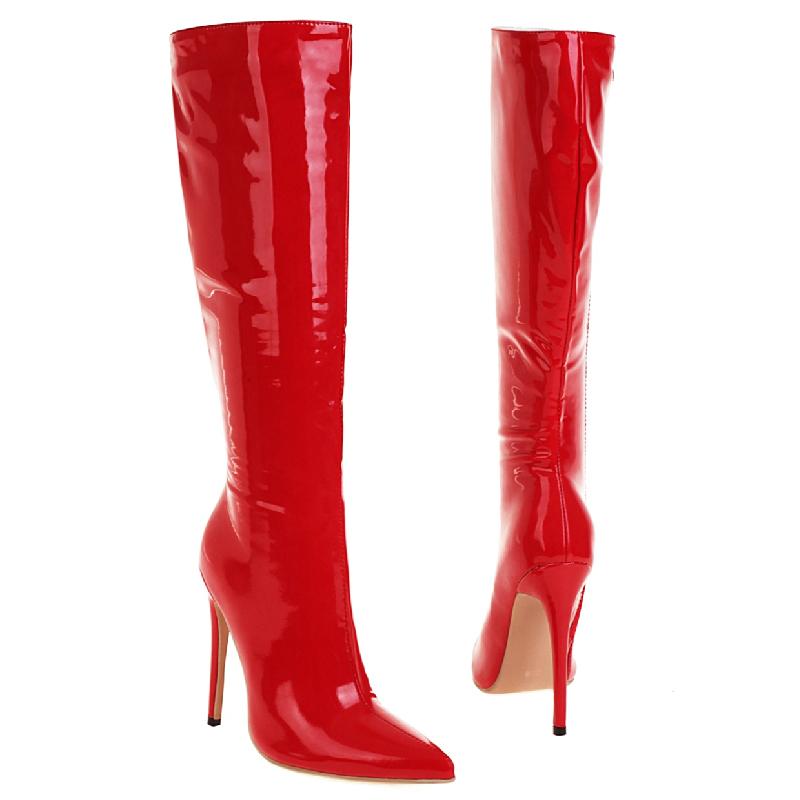 Point Toe Knee High Boots Zipper Autumn Winter Women's High Boots Patent Leather Long Thigh Dance Fetish Shoes Lady Large Size